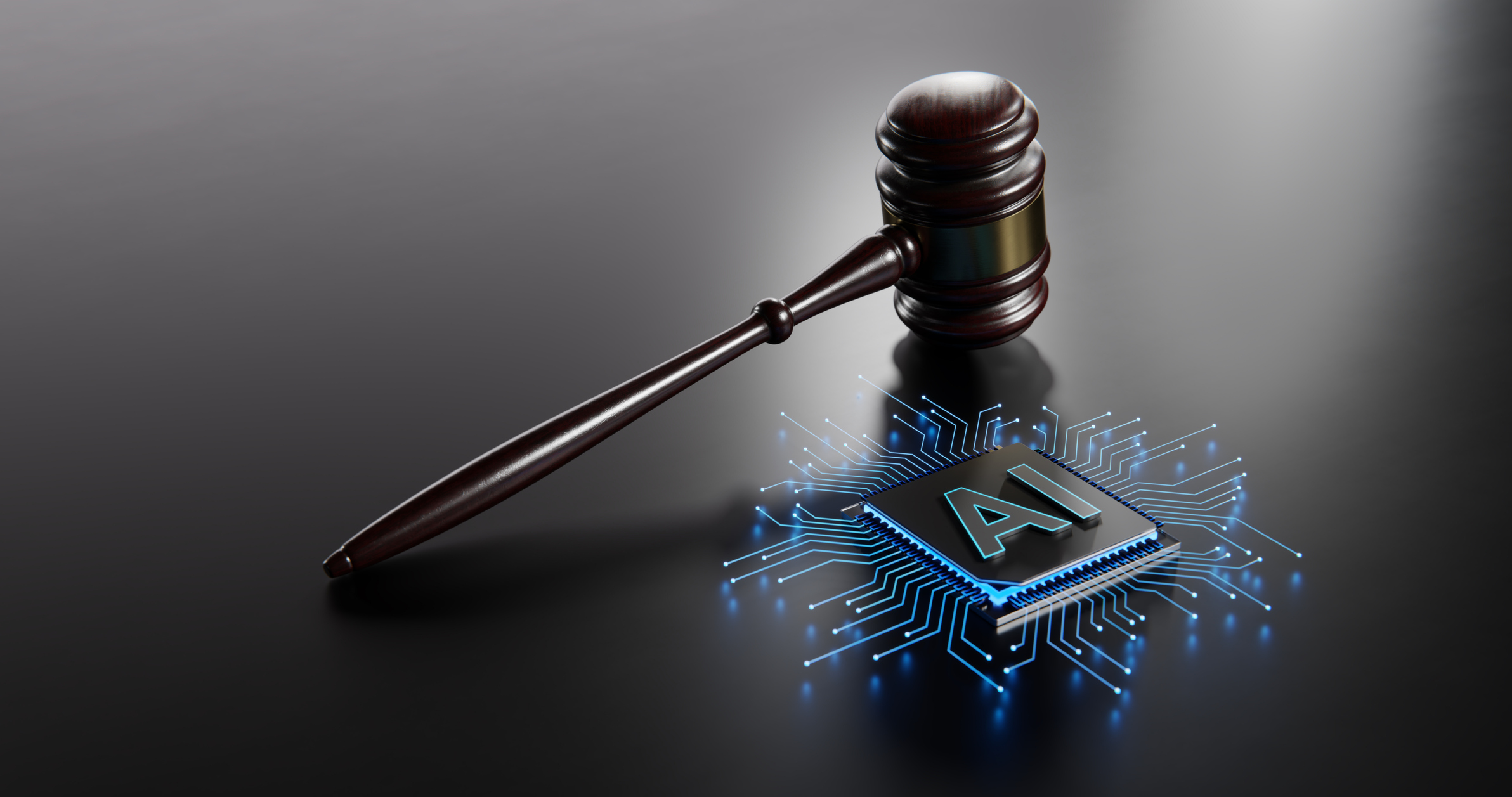 A graphic image showing a gavel hammer hitting an AI chip with blue light around it