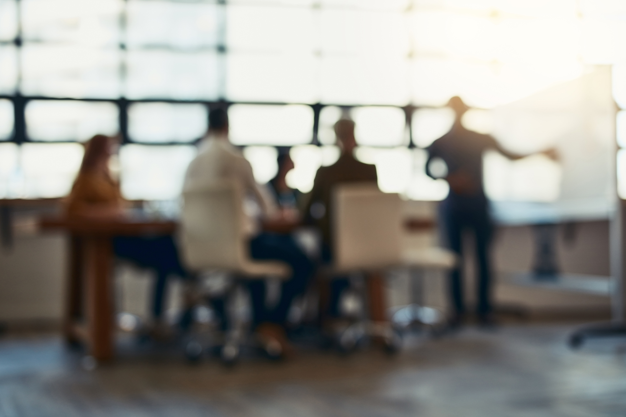 An image of corporate shareholders sitting round a table next to a large window, there is a blurred effect on it but we can make out the shapes of the people at the table.