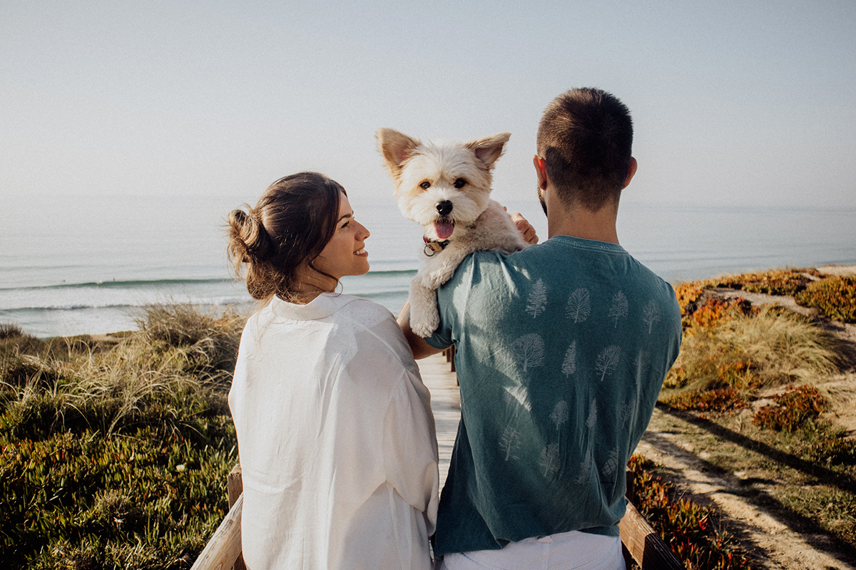 A man and woman holding a dog by a beach thinking about pet-nuptial agreements